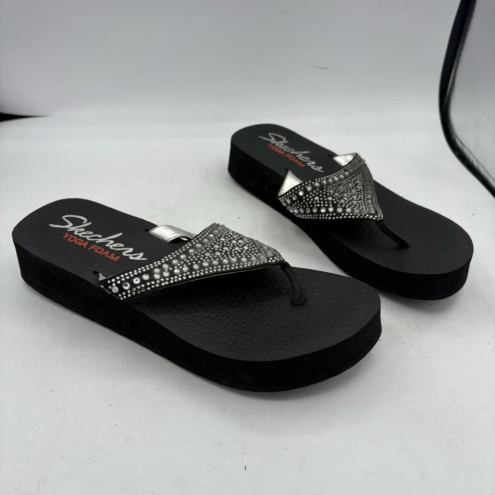 Skechers Sandals Womens Size 9 Vinyasa Bindu Slip On Slide Black Rhine Platform